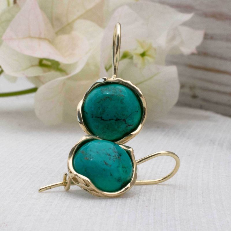 14K Yellow Gold Round Turquoise 12mm Dangle Earrings