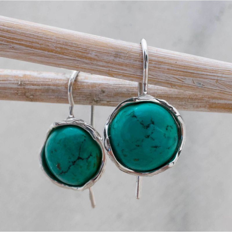 14K White Gold Round Turquoise 12mm Dangle Earrings