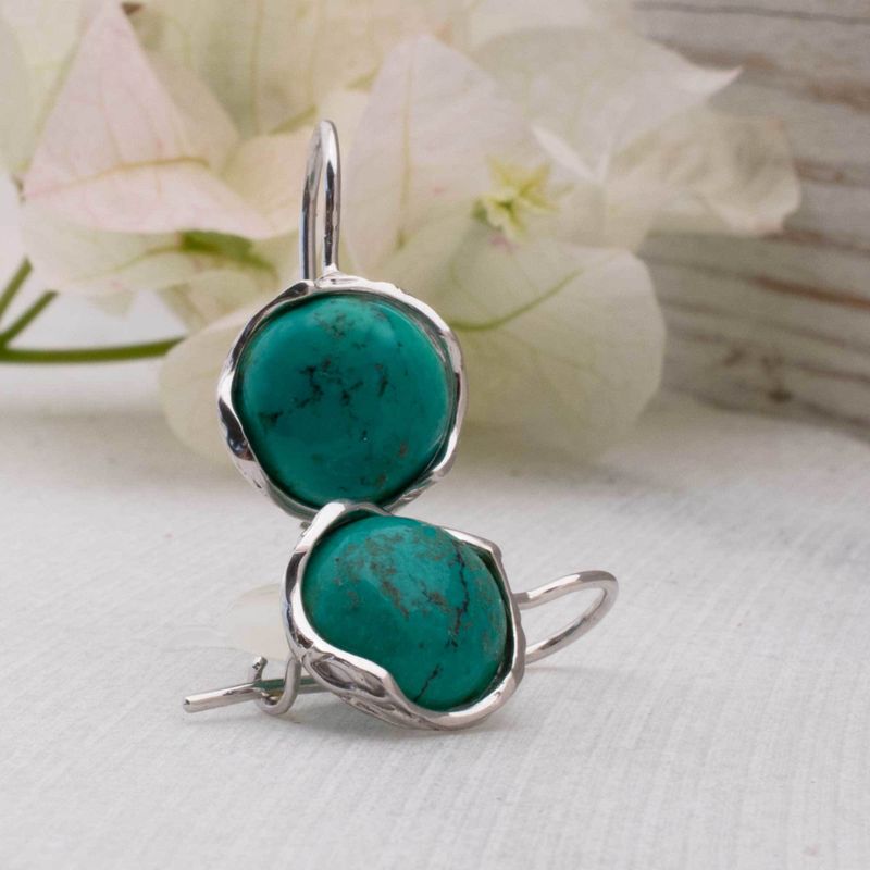 14K White Gold Round Turquoise 12mm Dangle Earrings