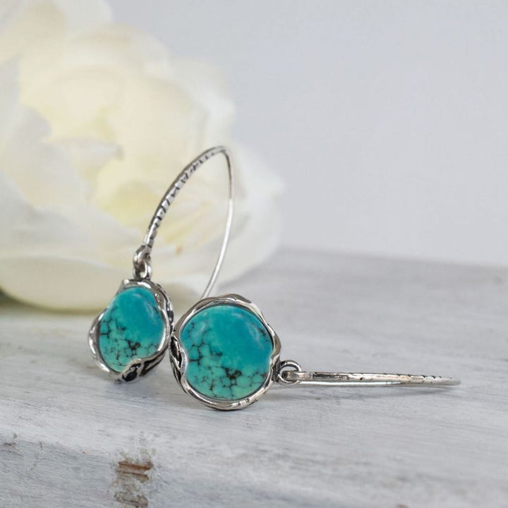 925 Sterling Silver Round Turquoise Dangle Earrings