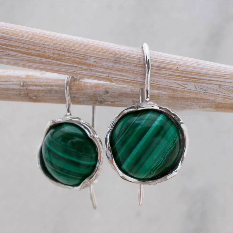 14K White Gold Round Green Malachite 12mm Dangle Earrings