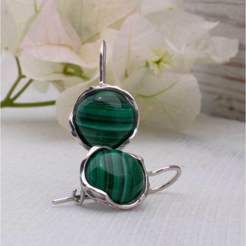 14K White Gold Round Green Malachite 12mm Dangle Earrings