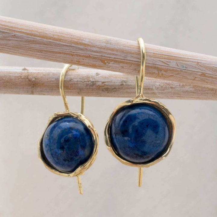 14K Yellow Gold Round Blue Lapis Lazuli 12mm Dangle Earrings