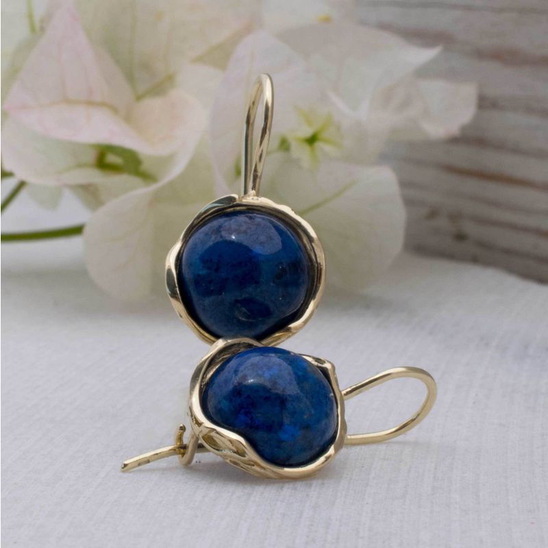 14K Yellow Gold Round Blue Lapis Lazuli 12mm Dangle Earrings