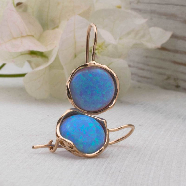14K Rose gold Round Blue Opal Earrings - Opal Earrings , Handmade 