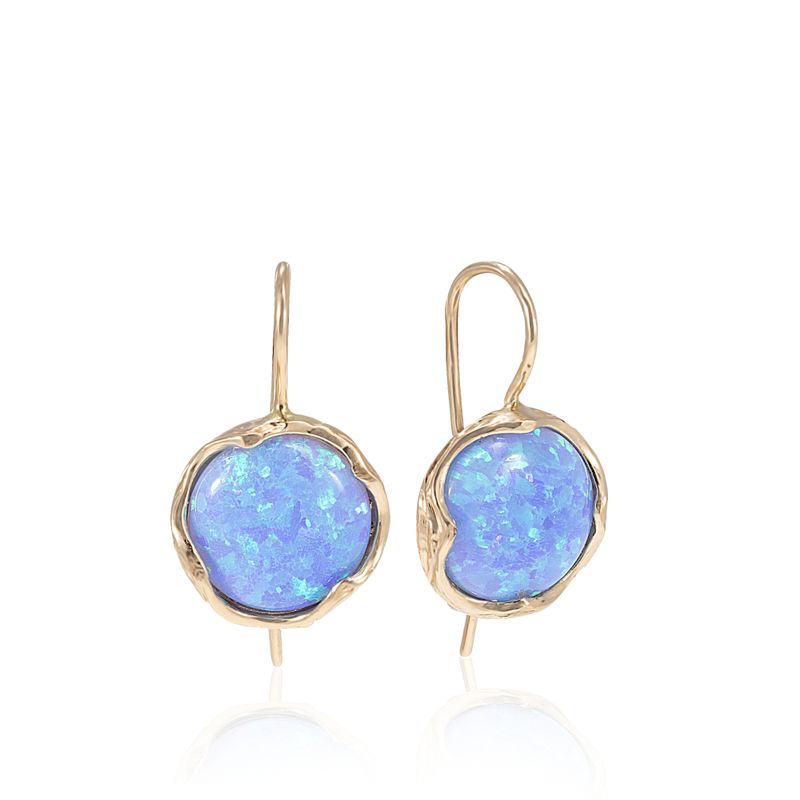 14K Yellow Gold Round Blue Opal 12mm Dangle Earrings