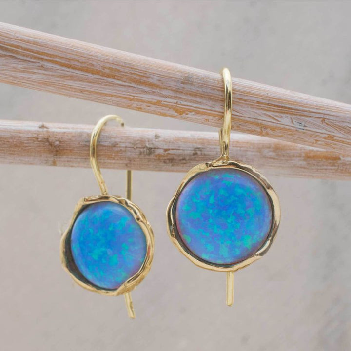 14K Yellow Gold Round Blue Opal 12mm Dangle Earrings