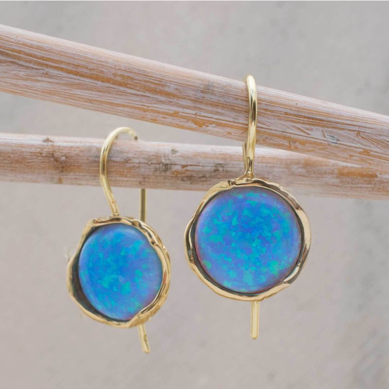 14K Yellow Gold Round Blue Opal 12mm Dangle Earrings