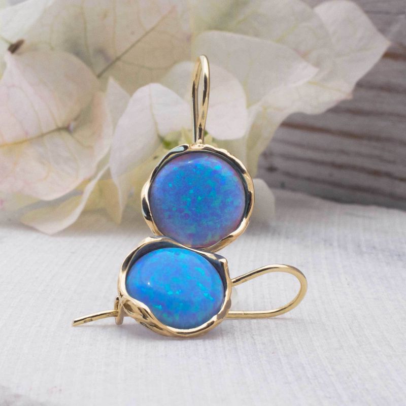 14K Yellow Gold Round Blue Opal 12mm Dangle Earrings