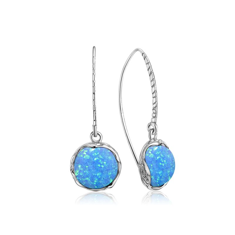 925 Sterling Silver Round Blue Opal 12mm Dangle Earrings