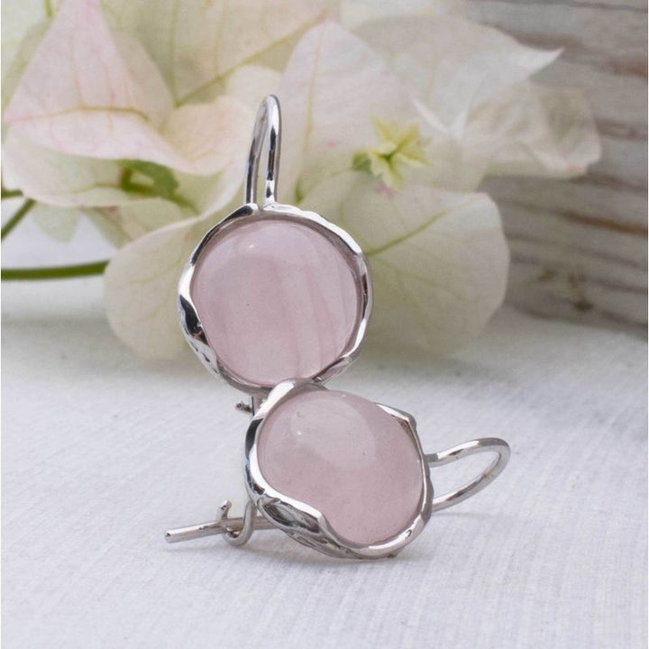 14K White Gold Round Pink Rose Quartz 12mm Dangle Earrings