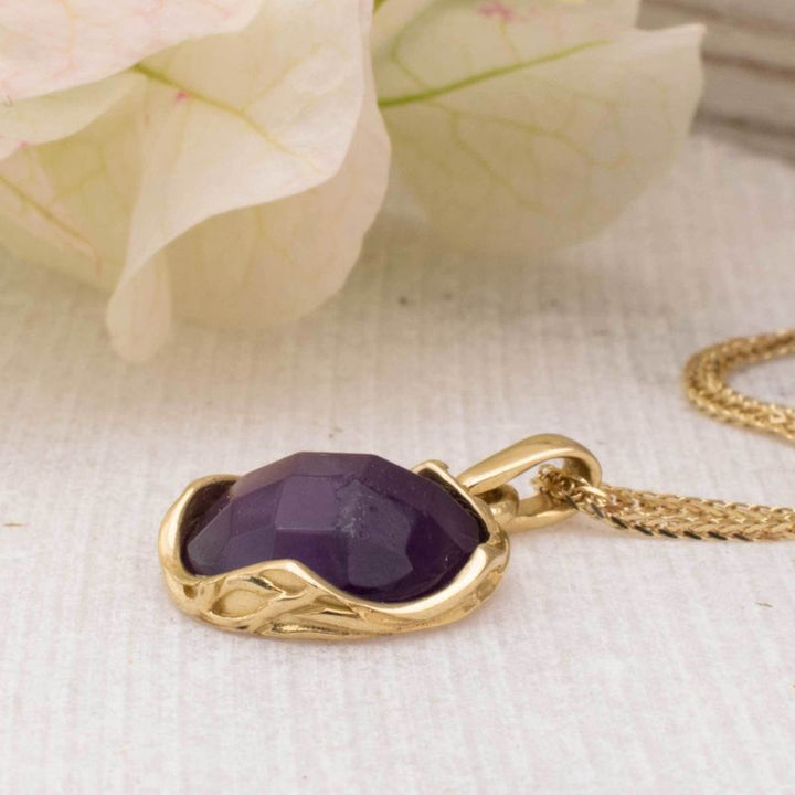 14K Yellow Gold Round Purple Amethyst Pendant - Vintage Boho Necklace , Handmade 
