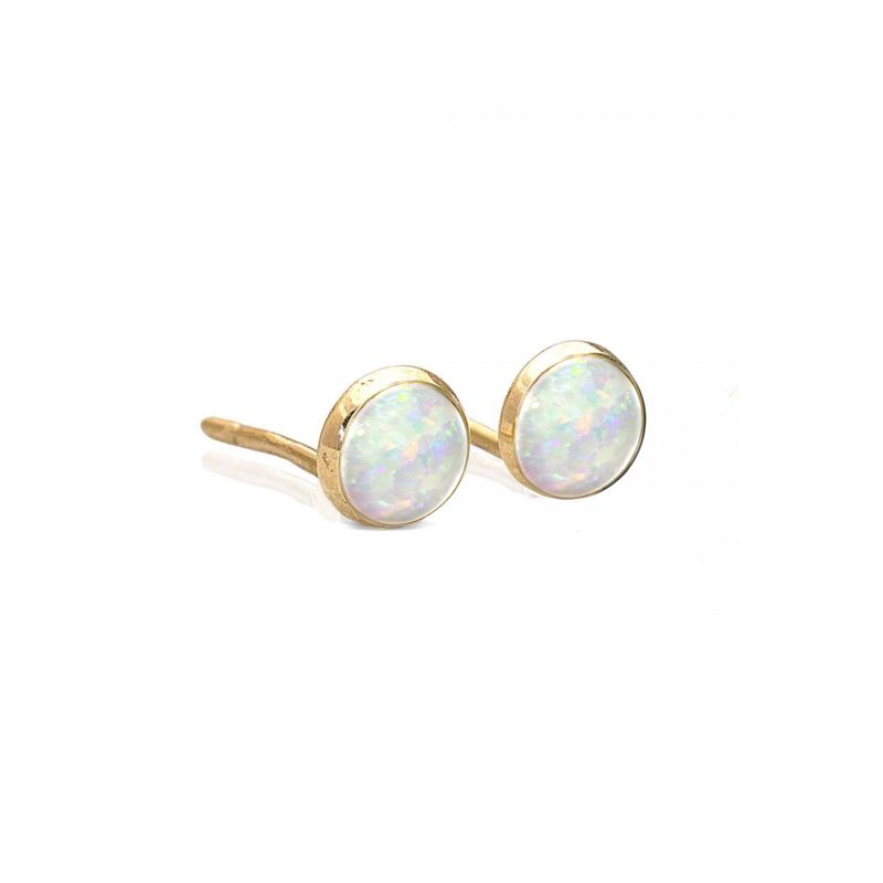 14K Yellow Gold Round White Opal 4mm Stud Earrings