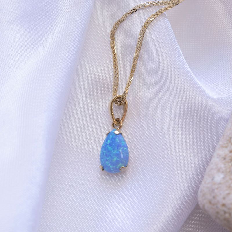 14K Yellow Gold 7x10mm Blue Opal Drop Pendant