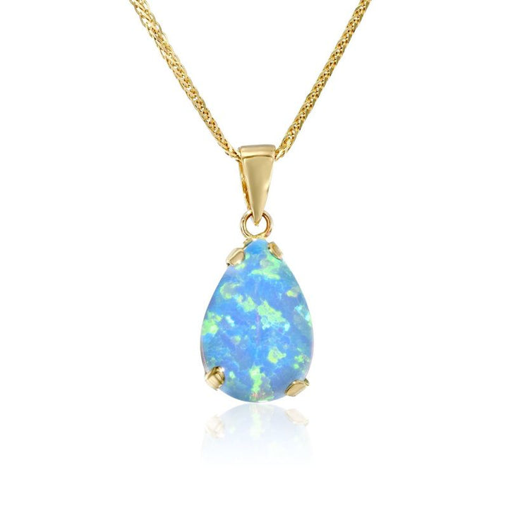 14K Yellow Gold 7x10mm Blue Opal Drop Pendant