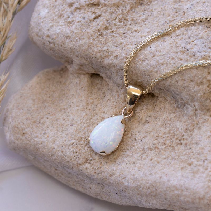 14K Yellow Gold 7x10mm White Opal Drop Pendant