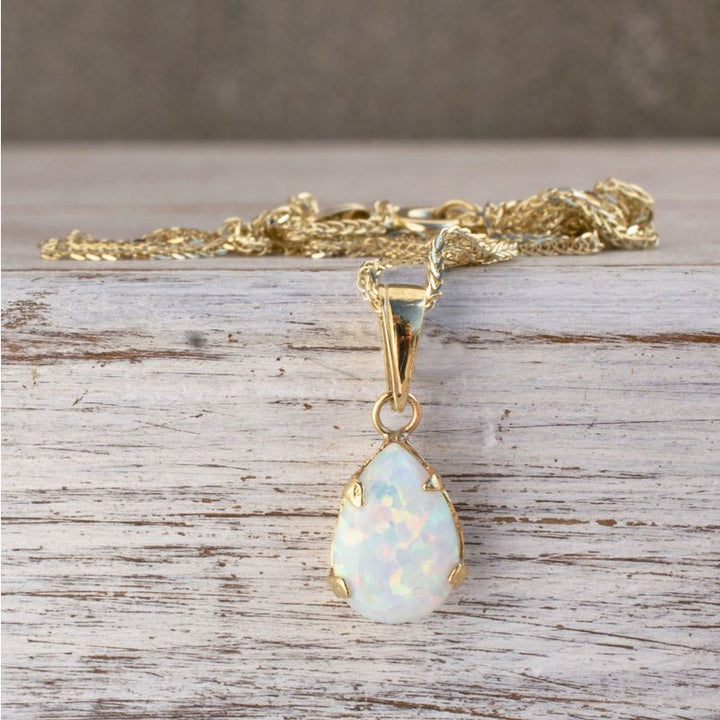 14K Yellow Gold Teardrop White Opal 7X10mm Pendant