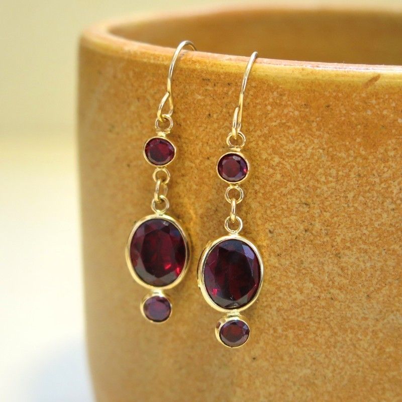 14k Solid Gold Garnet Dangle Ellipse Earrings