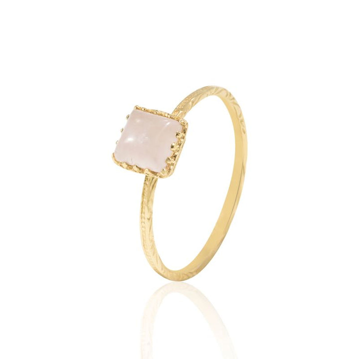 Yellow Gold 14K Roze Quartz Dainty Square Ring