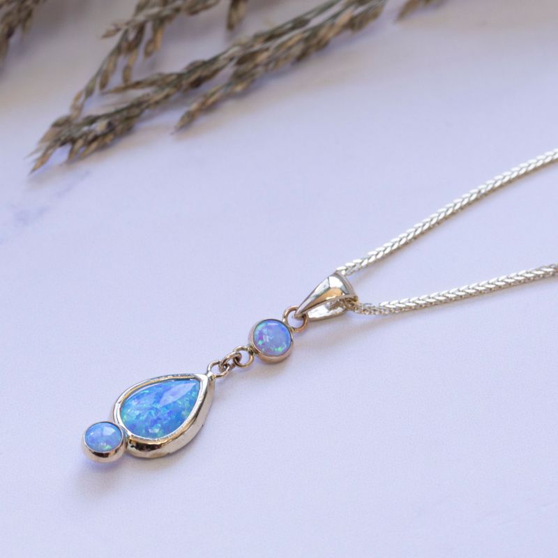 14k Solid Gold Blue Opal Dangle Pendant