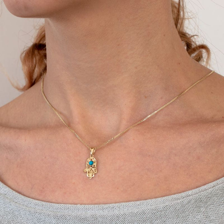 14k Solid Yellow Gold Hamsa Pendant With Small Turquoise Gemstone