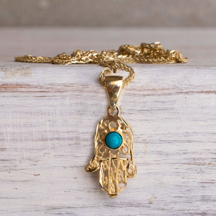 14k Solid Yellow Gold Hamsa Pendant With Small Turquoise Gemstone