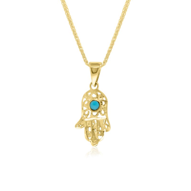 14k Solid Yellow Gold Hamsa Pendant With Small Turquoise Gemstone