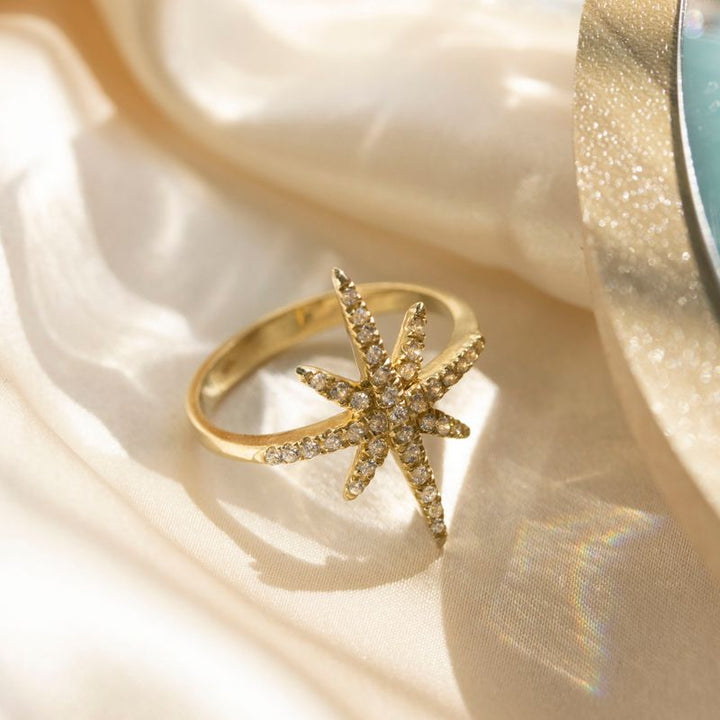 14K Yellow Gold Star White Cubic Zirconia 1.2mm Ring