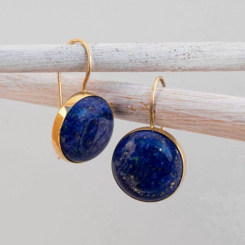 14K Gold Round 12mm Lapis Dangle Earrings