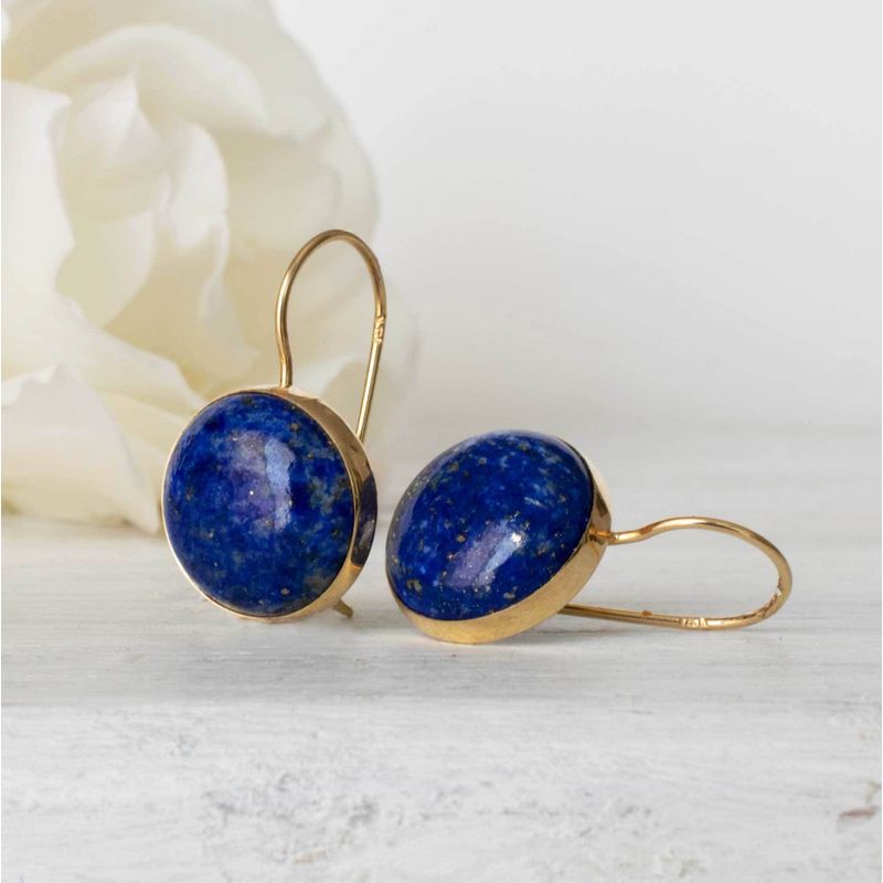 14K Gold Round 12mm Lapis Dangle Earrings