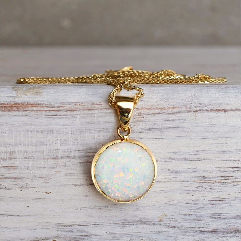 14K Gold Opal Necklace - Yellow Gold, 12mm Opal, Bridal Jewelry