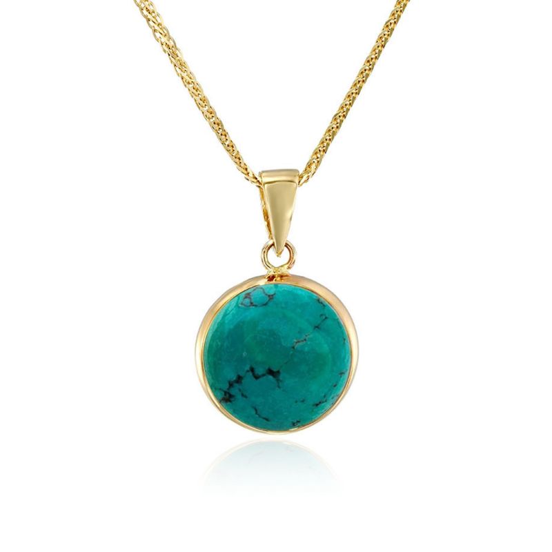 14K Gold Turquoise Pendant - Handmade, Large Round Gem for Women