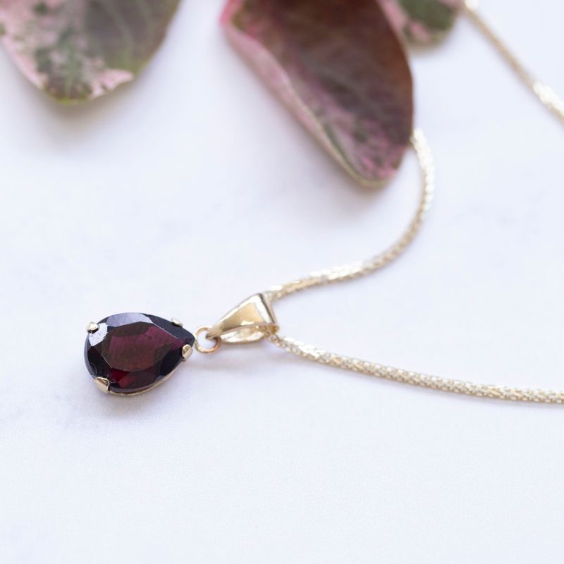 14K Yellow Gold Teaedrop Red Garnet Pendant - Lovely Necklace , Handmade 