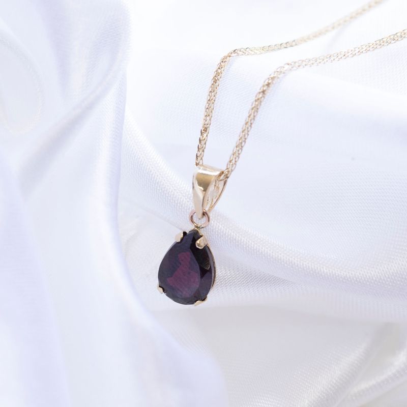 14K Yellow Gold Teaedrop Red Garnet Pendant - Lovely Necklace , Handmade 