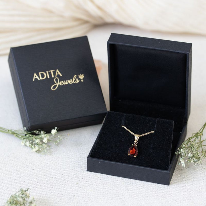 14K Yellow Gold Teaedrop Red Garnet Pendant - Lovely Necklace , Handmade 