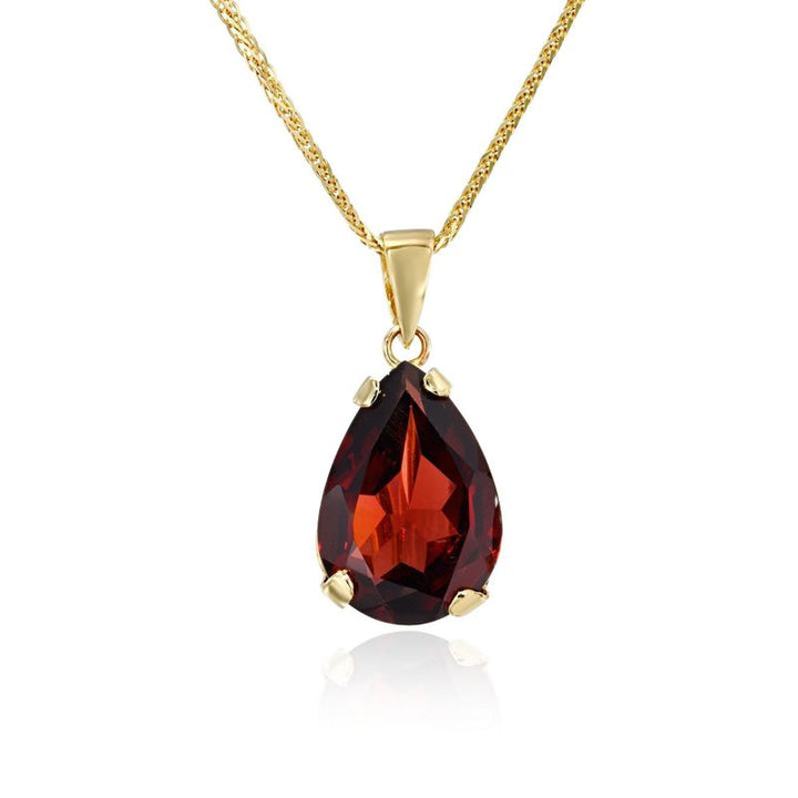 14K Yellow Gold Teaedrop Red Garnet Pendant - Lovely Necklace , Handmade 