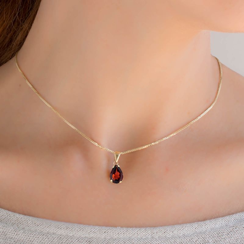 14K Yellow Gold Teaedrop Red Garnet Pendant - Lovely Necklace , Handmade 