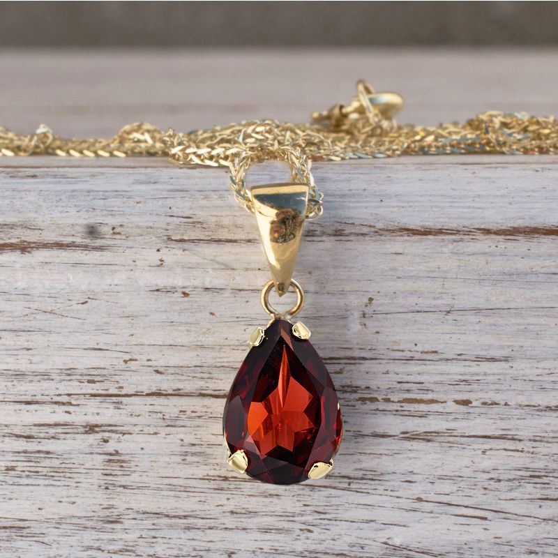 14K Yellow Gold Teaedrop Red Garnet Pendant - Lovely Necklace , Handmade 