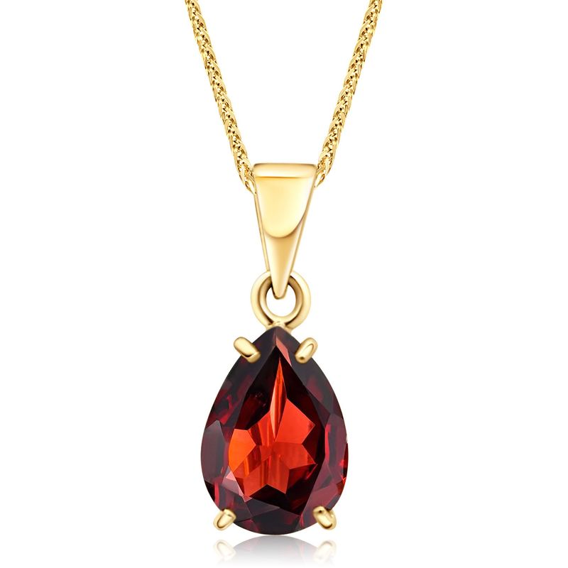 14K Yellow Gold Teaedrop Red Garnet Pendant - Lovely Necklace , Handmade 