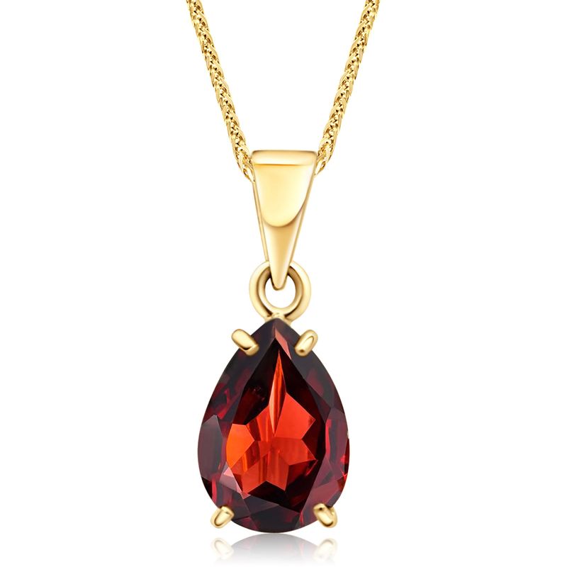 14K Yellow Gold Teaedrop Red Garnet Pendant - Lovely Necklace , Handmade 