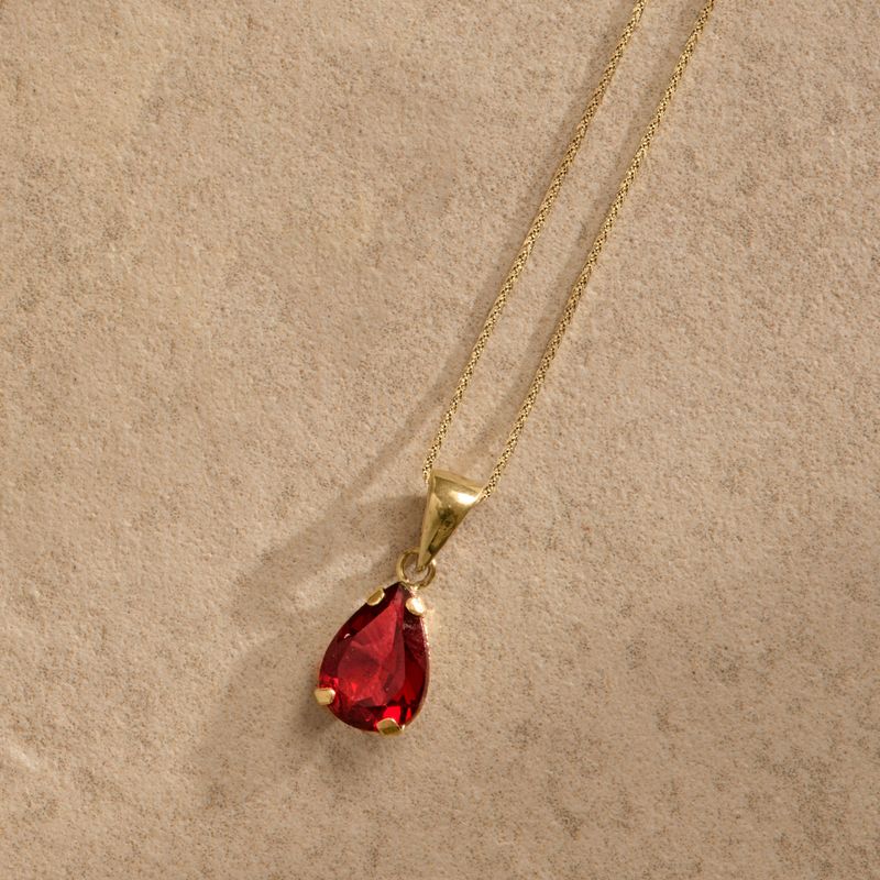 14K Yellow Gold Teaedrop Red Garnet Pendant - Lovely Necklace , Handmade 