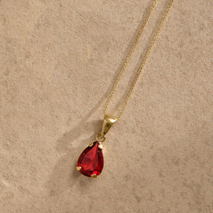 14K Yellow Gold Teaedrop Red Garnet Pendant - Lovely Necklace , Handmade 