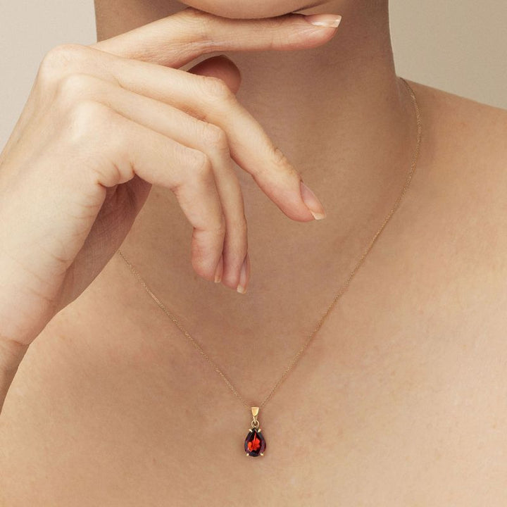 14K Yellow Gold Teaedrop Red Garnet Pendant - Lovely Necklace , Handmade 