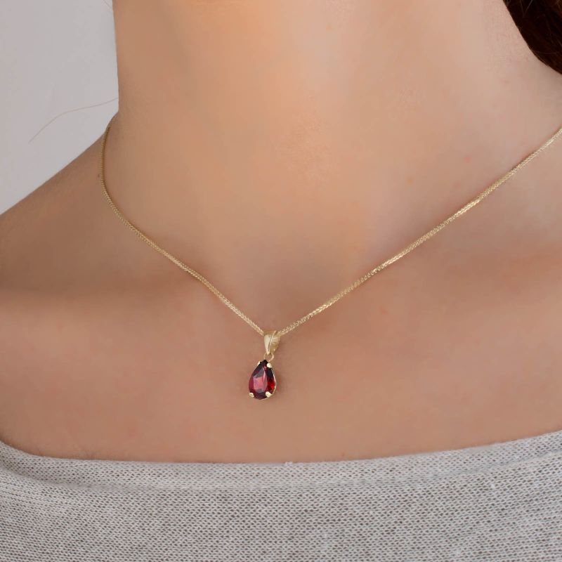 14K Gold Garnet Necklace - Pear Pendant, Aquarius Birthstone, Handmade Gift