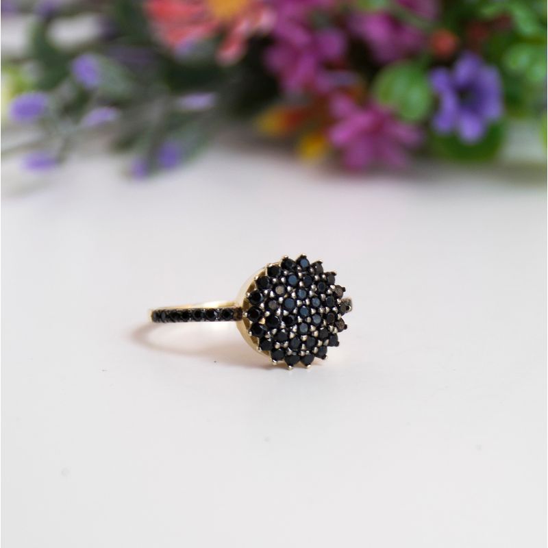 14k Solid Gold Round Ring With Black CZ Gemstones