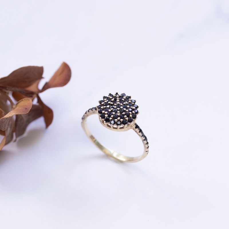 14k Solid Gold Round Ring With Black CZ Gemstones