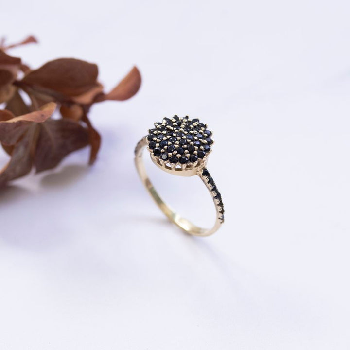 14k Solid Gold Round Ring With Black CZ Gemstones