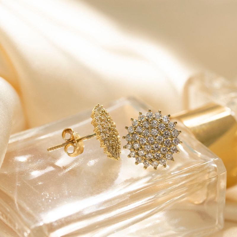 14k Solid Gold Round Stud Earrings With Multiple White CZ Gemstones