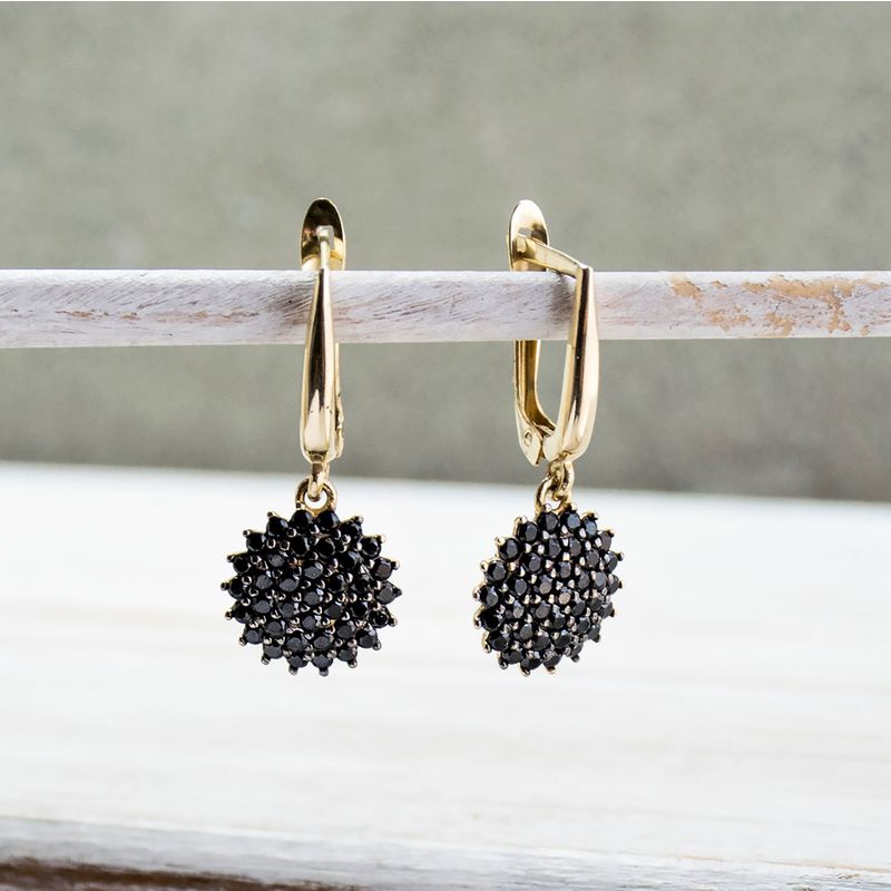 14k Solid Gold Round Black CZ Gemstones Dangle Earrings