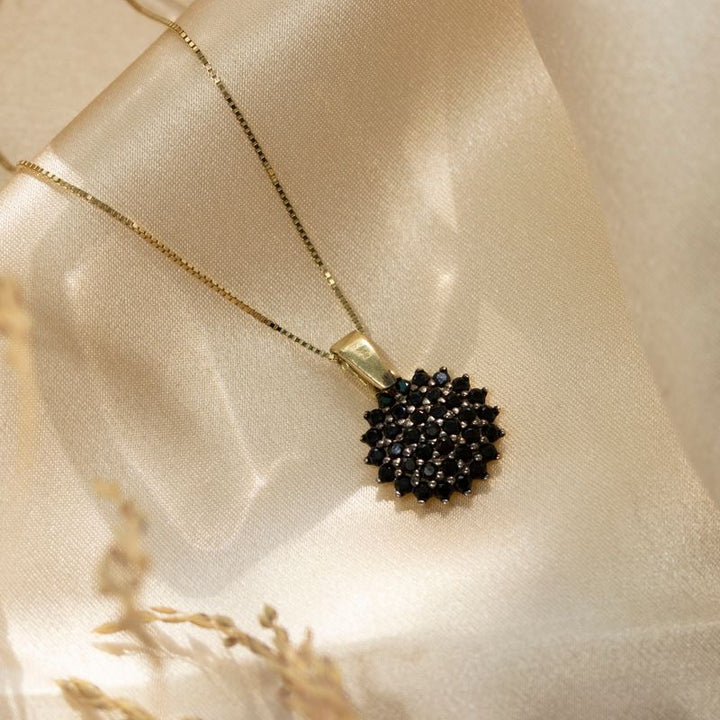 14k Solid Gold Round Pendant With Black CZ Gemstones